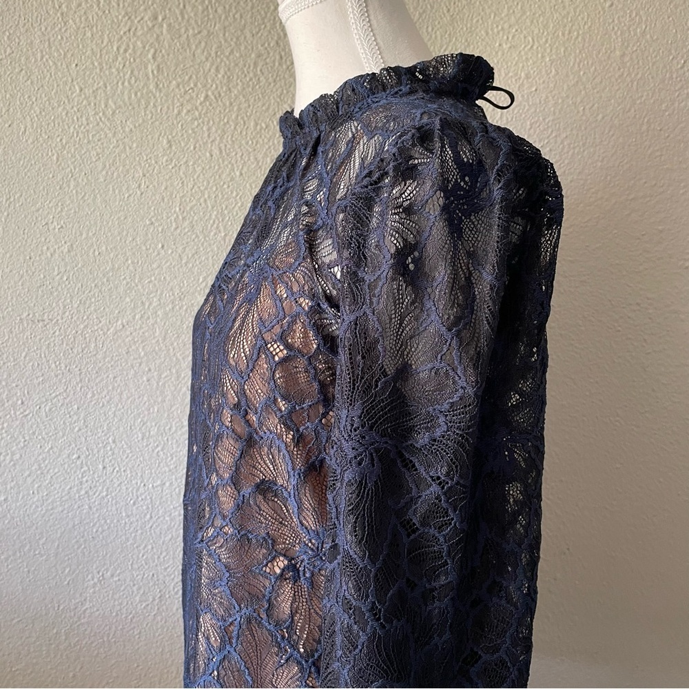 NWT WAYF Emma Puff Sleeve Lace Top Blouse Womens S Navy Floral Mock Neck Elegant - Picture 8 of 15